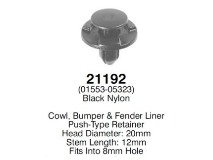 RIVET 01553-05323 Cowl Bumper & Fender Liner Push-Type Retainer Head 20mm Stem Length 12mm Fits Into