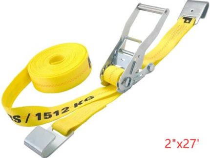 RT227F 2inch x 27ft RATCHET TIE-DOWN WITH FLAT HOOKS 3,333 LBS WORKING LOAD LIMIT 10,000 LBS BRAKE STRENGHT FLAT HOOK TO SECURE INTO FLAT ANCHOR POINTS OR STAKE